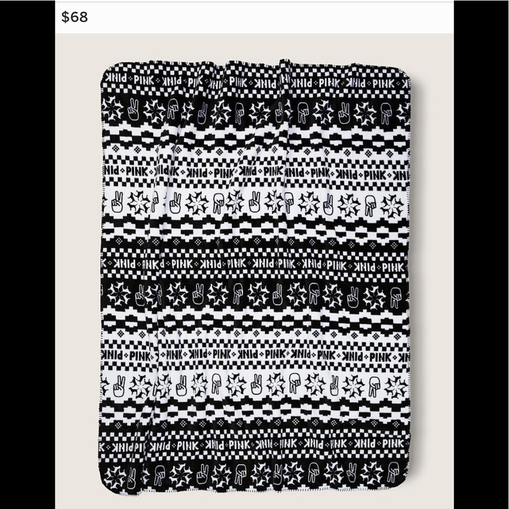 VS Pink Sherpa blanket black & white peace sign ✌️ & snowflake Faire Isle print